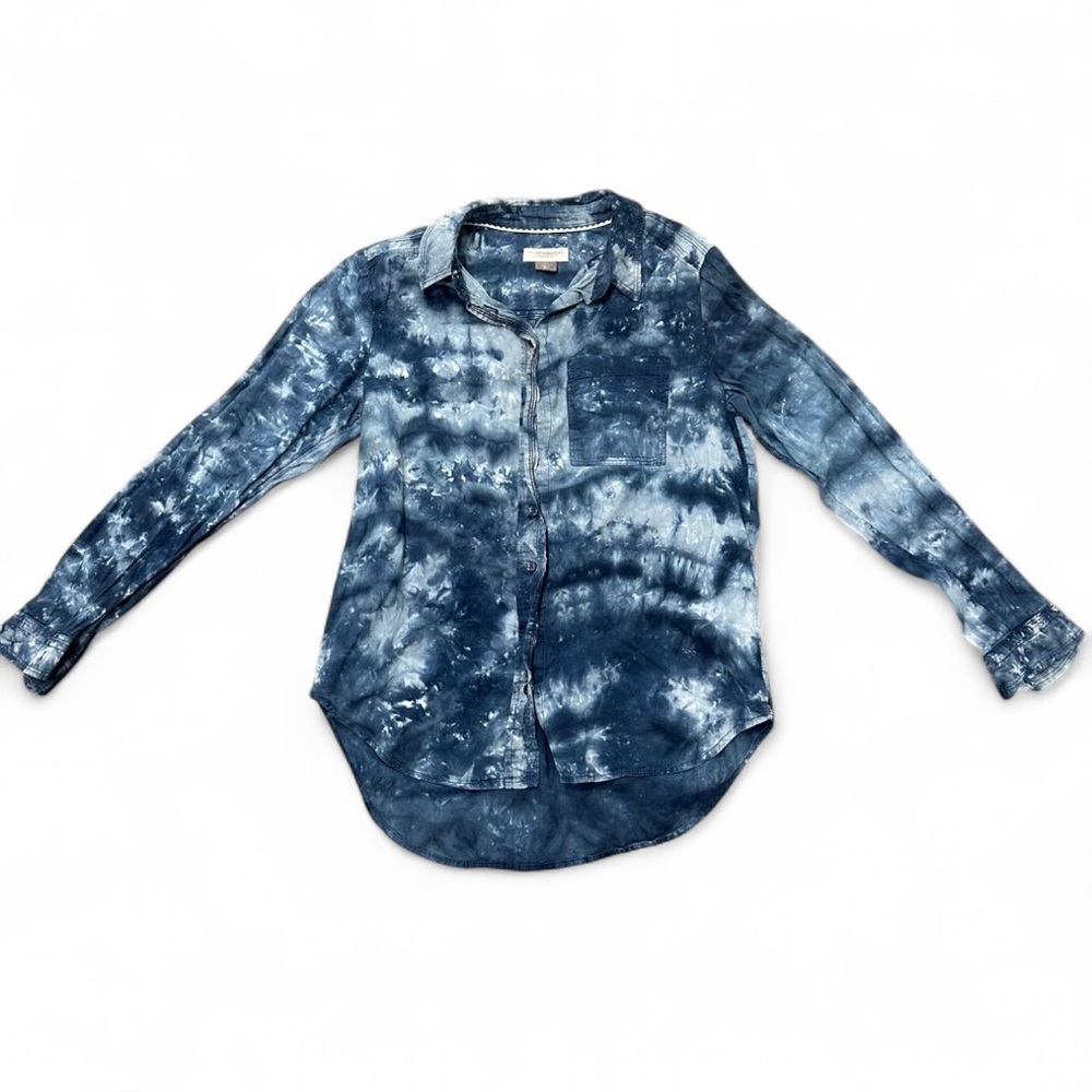 Pilcro by Anthropologie Painterly Tie Dye Blue Light Weight Cotton Button Down